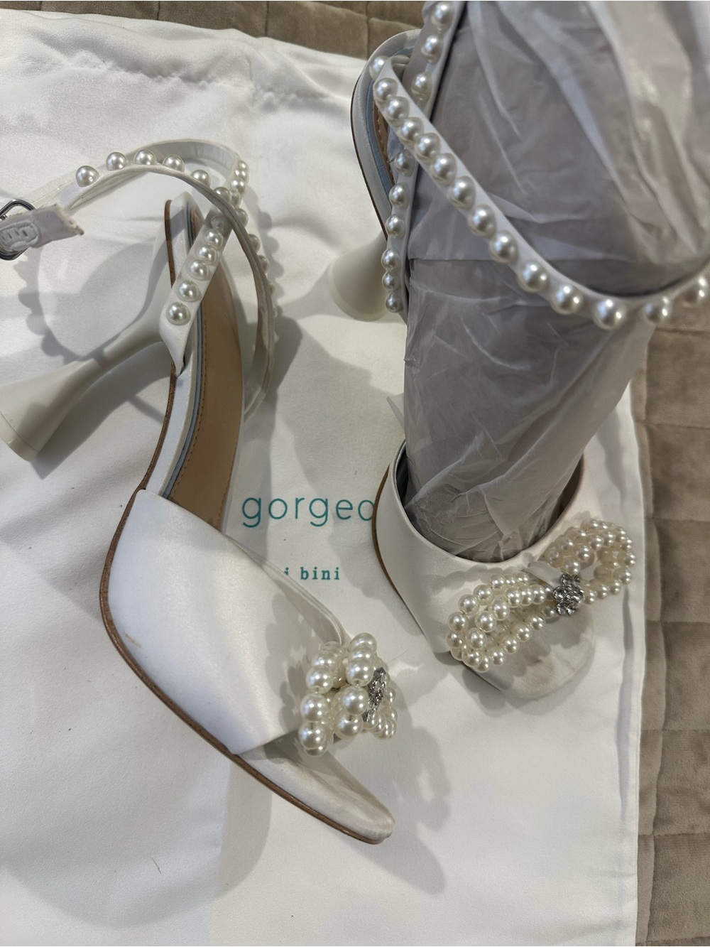 Gianni Bini White Pearl Embellished Satin Heeled Sandals